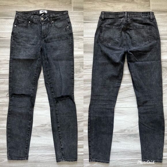 Paige Black Distress Straight Jeans Size 27 With Knee Rips - Picture 1 of 4